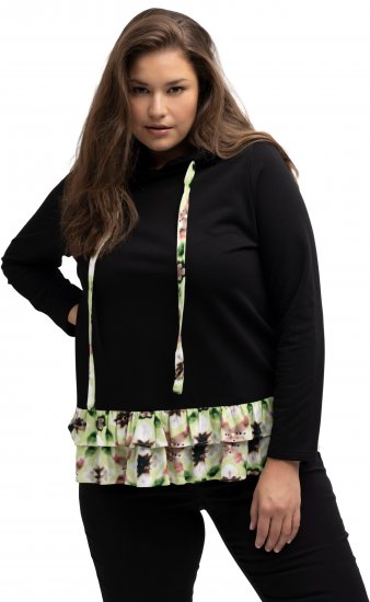 Ulla Popken Ruffle Hem A-line Fit Hooded Sweatshirt Black - Naisten hupparit ja collegepaidat isot koot - 