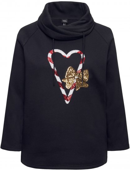 Ulla Popken Sparkling Candy Cane Graphic Sweatshirt Black - Naisten hupparit ja collegepaidat isot koot - 