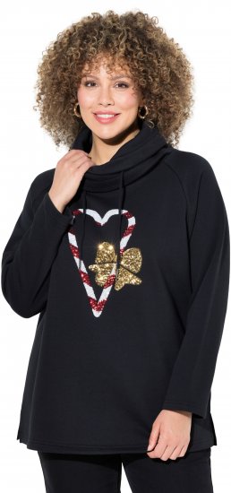 Ulla Popken Sparkling Candy Cane Graphic Sweatshirt Black - Naisten hupparit ja collegepaidat isot koot - 