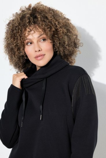 Ulla Popken Chain Fringe Smooth Fleece Sweatshirt Black - Naisten hupparit ja collegepaidat isot koot - Mukavat collegepaidat, huput ja neuleet