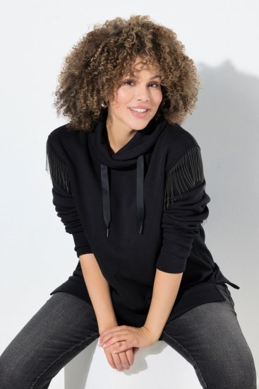 Ulla Popken Chain Fringe Smooth Fleece Sweatshirt Black - Naisten hupparit ja collegepaidat isot koot - Mukavat collegepaidat, huput ja neuleet