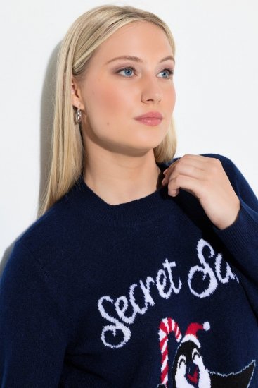 Ulla Popken Christmas Motif Classic Fit Sweater Navy - Naisten hupparit ja collegepaidat isot koot - Mukavat collegepaidat, huput ja neuleet