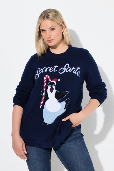 Ulla Popken Christmas Motif Classic Fit Sweater Navy - Naisten hupparit ja collegepaidat isot koot - Mukavat collegepaidat, huput ja neuleet
