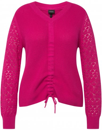 Ulla Popken Shaker Stitch Cropped Gathered Sweater Fuchsia Pink - Naisten hupparit ja collegepaidat isot koot - 