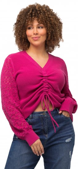 Ulla Popken Shaker Stitch Cropped Gathered Sweater Fuchsia Pink - Naisten hupparit ja collegepaidat isot koot - 