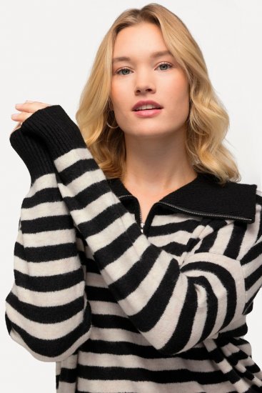 Ulla Popken Striped Troyer Collar Sweater Black - Naisten hupparit ja collegepaidat isot koot - Mukavat collegepaidat, huput ja neuleet