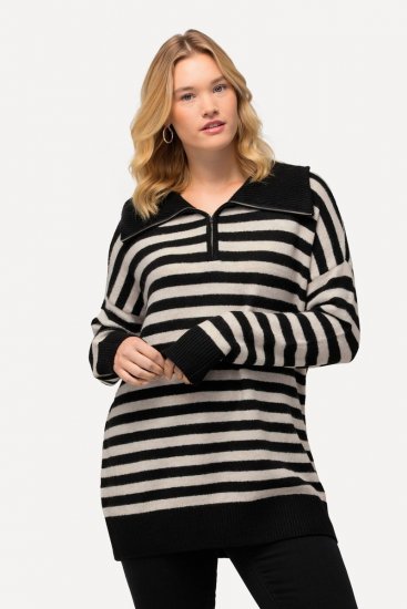 Ulla Popken Striped Troyer Collar Sweater Black - Naisten hupparit ja collegepaidat isot koot - Mukavat collegepaidat, huput ja neuleet