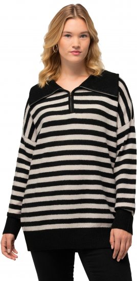 Ulla Popken Striped Troyer Collar Sweater Black - Naisten hupparit ja collegepaidat isot koot - 