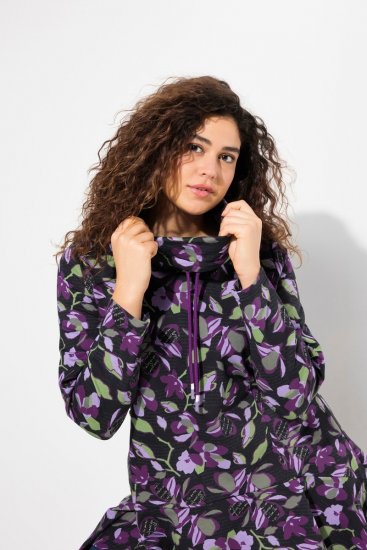 Ulla Popken Floral Stand-Up Collar Flounce Panel Sweatshirt Black - Naisten hupparit ja collegepaidat isot koot - Mukavat collegepaidat, huput ja neuleet