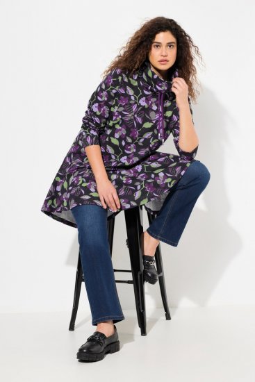 Ulla Popken Floral Stand-Up Collar Flounce Panel Sweatshirt Black - Naisten hupparit ja collegepaidat isot koot - Mukavat collegepaidat, huput ja neuleet