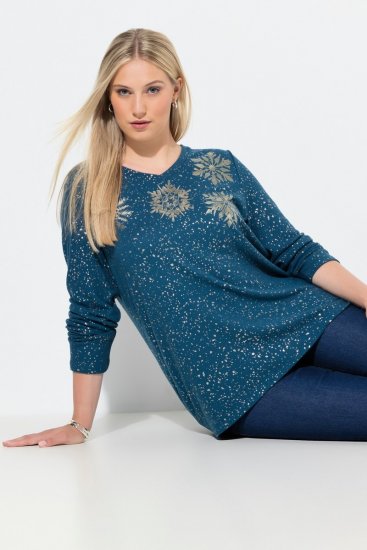 Ulla Popken Metallic Print Extra Soft Christmas Sweatshirt Petrol - Ulla Popken - Ulla Popken plus-size-vaatteet