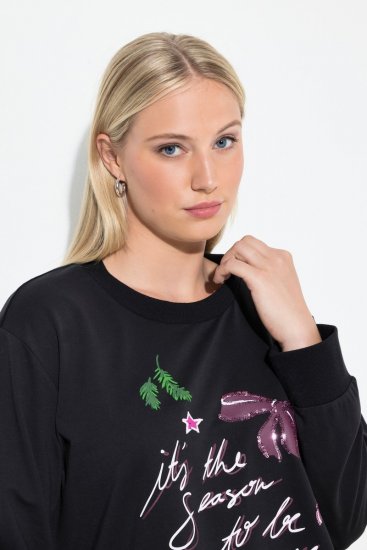 Ulla Popken Sparkling Sequin Bows Christmas Sweatshirt Black - Naisten hupparit ja collegepaidat isot koot - Mukavat collegepaidat, huput ja neuleet