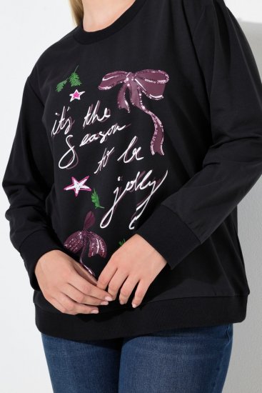 Ulla Popken Sparkling Sequin Bows Christmas Sweatshirt Black - Naisten hupparit ja collegepaidat isot koot - Mukavat collegepaidat, huput ja neuleet