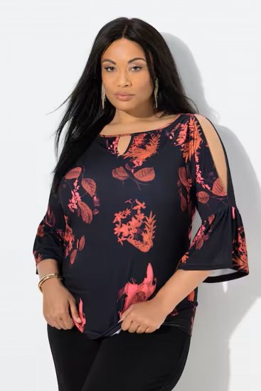 Ulla Popken Botanical Print Cold Shoulder Top Black - T-paidat - 