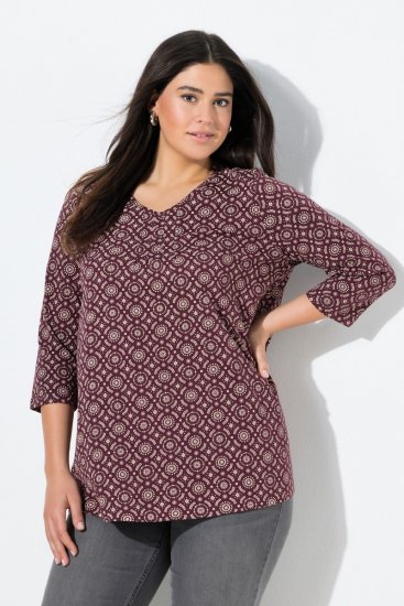 Ulla Popken 3/4 Sleeve Geometric Graphic Tee Plum - T-paidat - Naisten t-paidat