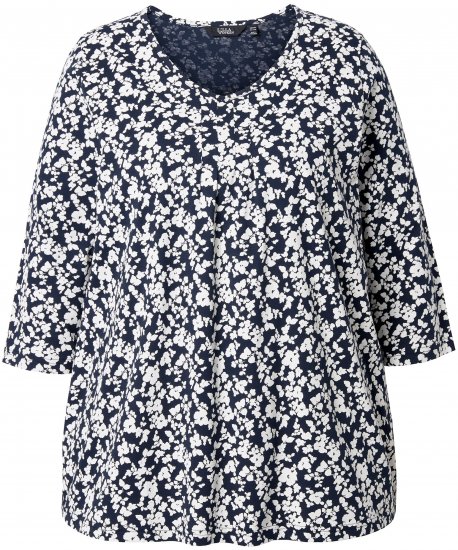 Ulla Popken Floral 3/4 Sleeve V-Neck A-Line Tee Navy - T-paidat - 