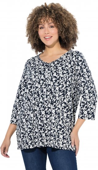 Ulla Popken Floral 3/4 Sleeve V-Neck A-Line Tee Navy - T-paidat - 