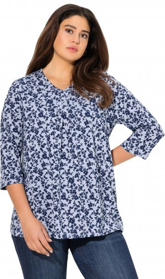 Ulla Popken Floral 3/4 Sleeve V-Neck A-Line Tee Blue - T-paidat - 