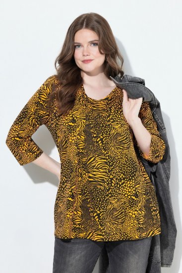 Ulla Popken Animal Print 3/4 Sleeve V-Neck Tee Neon Orange - T-paidat - Naisten t-paidat