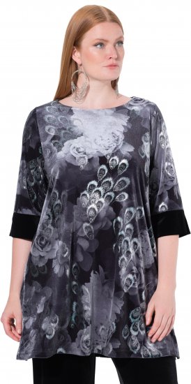 Ulla Popken Velvet Peacock Feather 3/4 Sleeve Tunic Blouse Black - T-paidat - 