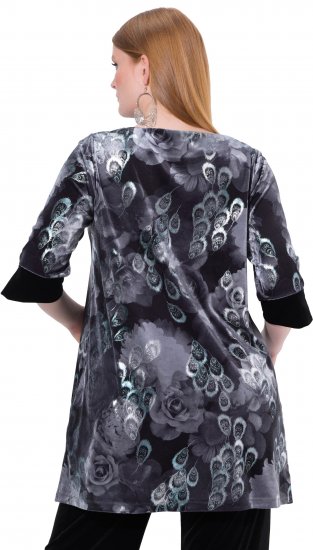 Ulla Popken Velvet Peacock Feather 3/4 Sleeve Tunic Blouse Black - T-paidat - 