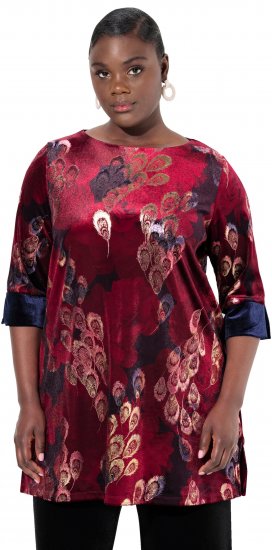 Ulla Popken Velvet Peacock Feather 3/4 Sleeve Tunic Blouse Wine Red - T-paidat - 