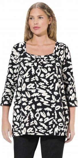 Ulla Popken Scribble Print Square Neck 3/4 Sleeve Tee Black - Painetut T-paidat naisille - 