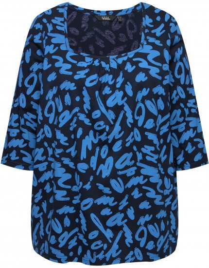 Ulla Popken Scribble Print Square Neck 3/4 Sleeve Tee Navy - Painetut T-paidat naisille - 