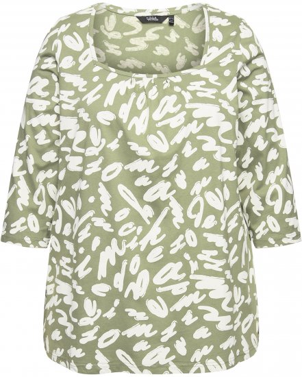 Ulla Popken Scribble Print Square Neck 3/4 Sleeve Tee Sage Green - Painetut T-paidat naisille - 