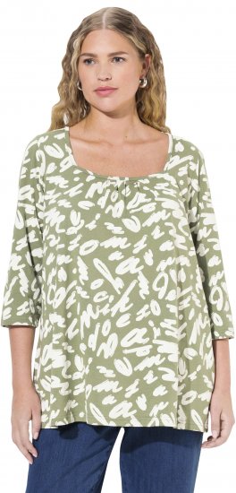 Ulla Popken Scribble Print Square Neck 3/4 Sleeve Tee Sage Green - Painetut T-paidat naisille - 