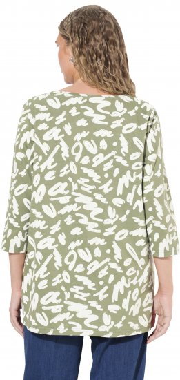 Ulla Popken Scribble Print Square Neck 3/4 Sleeve Tee Sage Green - Painetut T-paidat naisille - 
