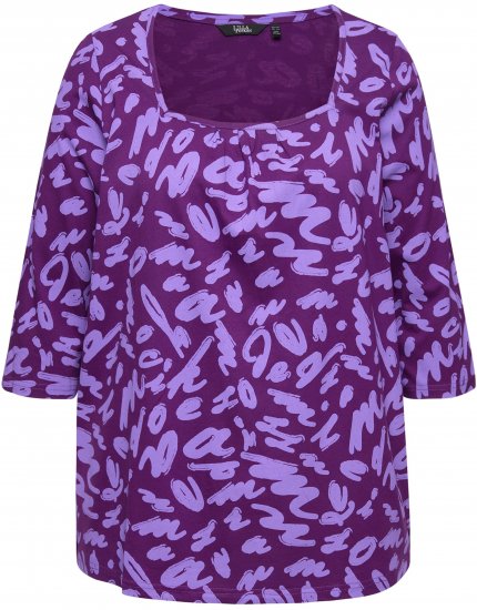 Ulla Popken Scribble Print Square Neck 3/4 Sleeve Tee Violet - Painetut T-paidat naisille - 