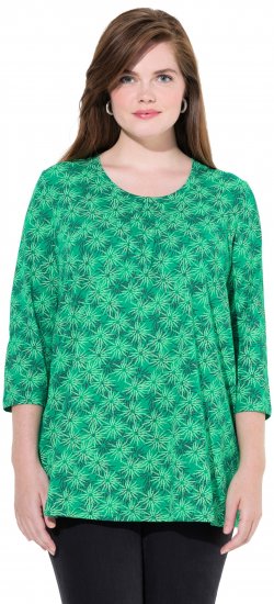 Ulla Popken Graphic Flower A-Line 3/4 Sleeve Tee Moss Green - T-paidat - 