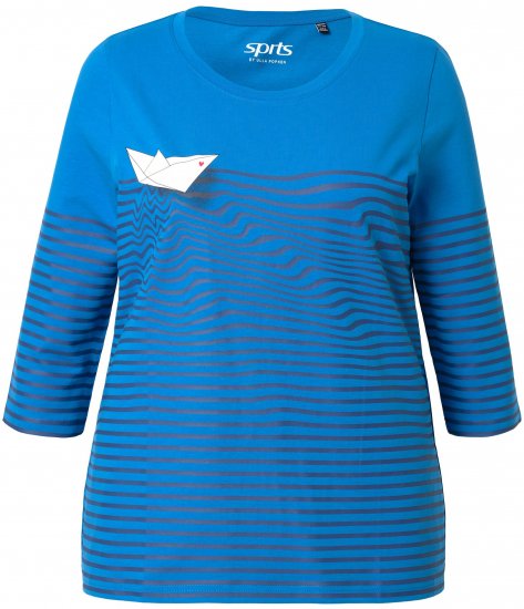 Ulla Popken Paper Boat Print 3/4 Sleeve Tee Pacific Blue - Painetut T-paidat naisille - 