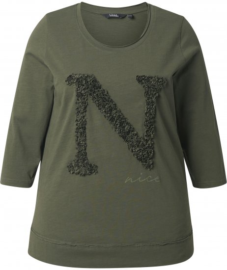 Ulla Popken Textured Lettering 3/4 Sleeve Tee Olive - Painetut T-paidat naisille - 