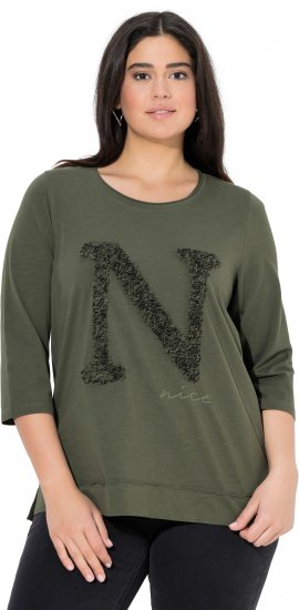 Ulla Popken Textured Lettering 3/4 Sleeve Tee Olive - Painetut T-paidat naisille - 