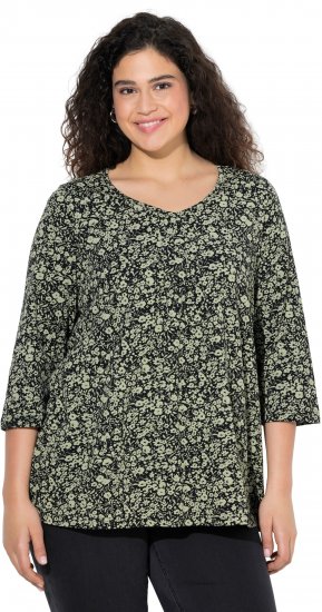 Ulla Popken Pleated Floral Print 3/4 Sleeve Tee Pond Green - Painetut T-paidat naisille - 