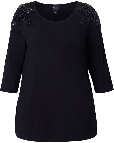Ulla Popken Flower Epaulet 3/4 Sleeve Top Black - Painetut T-paidat naisille - 