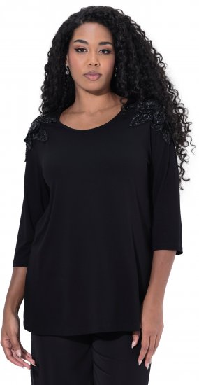 Ulla Popken Flower Epaulet 3/4 Sleeve Top Black - Painetut T-paidat naisille - 