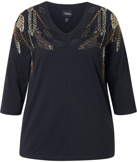 Ulla Popken Feather Beadwork 3/4 Sleeve Top Black - Painetut T-paidat naisille - 