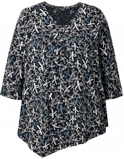 Ulla Popken Ribbon Print 3/4 Sleeve Asymmetric Tee Black - Painetut T-paidat naisille - 