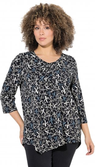 Ulla Popken Ribbon Print 3/4 Sleeve Asymmetric Tee Black - Painetut T-paidat naisille - 