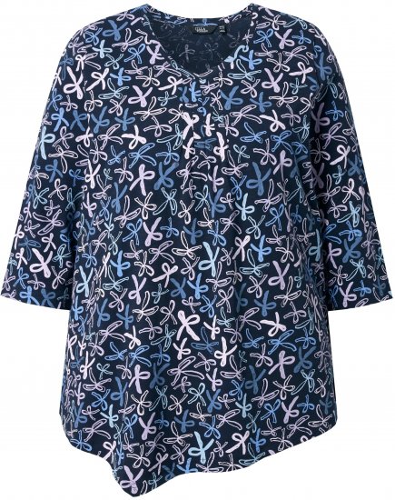 Ulla Popken Ribbon Print 3/4 Sleeve Asymmetric Tee Navy - Painetut T-paidat naisille - 