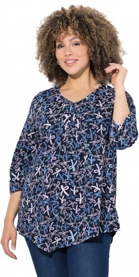 Ulla Popken Ribbon Print 3/4 Sleeve Asymmetric Tee Navy - Painetut T-paidat naisille - 