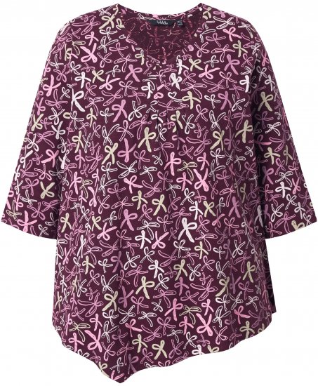 Ulla Popken Ribbon Print 3/4 Sleeve Asymmetric Tee Plum - Painetut T-paidat naisille - 