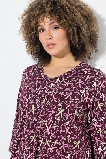 Ulla Popken Ribbon Print 3/4 Sleeve Asymmetric Tee Plum - Painetut T-paidat naisille - Printti-t-paidat naisille