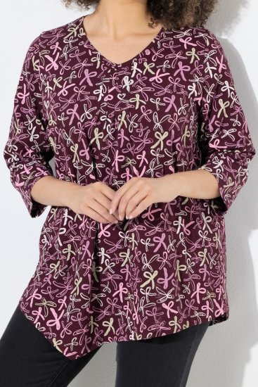 Ulla Popken Ribbon Print 3/4 Sleeve Asymmetric Tee Plum - Painetut T-paidat naisille - Printti-t-paidat naisille
