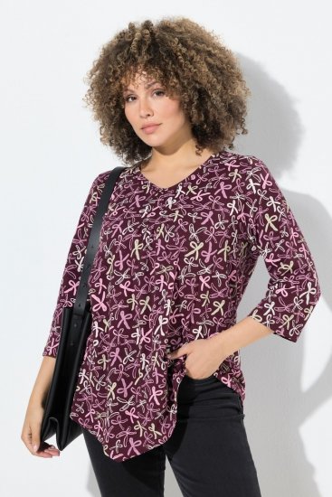 Ulla Popken Ribbon Print 3/4 Sleeve Asymmetric Tee Plum - Painetut T-paidat naisille - Printti-t-paidat naisille