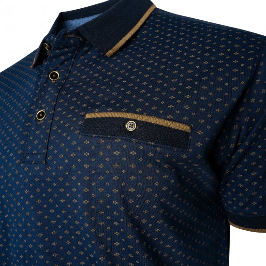 Kam Jeans 5529 AOP Mini Geo Print Polo Indigo - Pikeepaidat - Miesten isot pikeepaidat