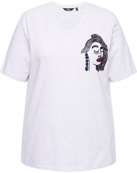 Ulla Popken Embroidered Face Motif Short Sleeve V-Neck Tee Light Grey Melange - Painetut T-paidat naisille - 